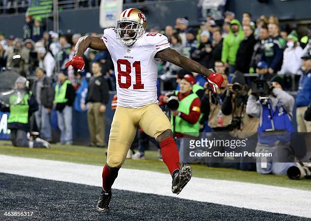 Wide receiver Anquan Boldin of the San Francisco 49ers celebrates after making a 26-yard touchdown catch against the Seattle Seahawks in the third...