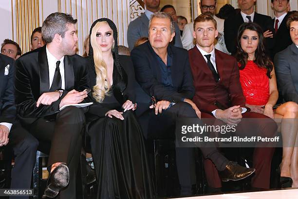 Guest, Singer Lady Gaga, Mario Testino, actor Alan Ritchson and Karine Ferri attend the Atelier Versace show as part of Paris Fashion Week Haute...
