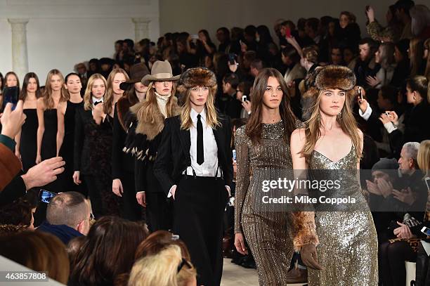 Models walk the runway at the Ralph Lauren fashion show during Mercedes-Benz Fashion Week Fall 2015 at Skylight Clarkson SQ. On February 19, 2015 in...