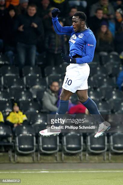 Romelu Lukaku of Everton FC celebrates his first scored goal during the UEFA Europa League Round of 32 match between BSC Young Boys and Everton FC at...