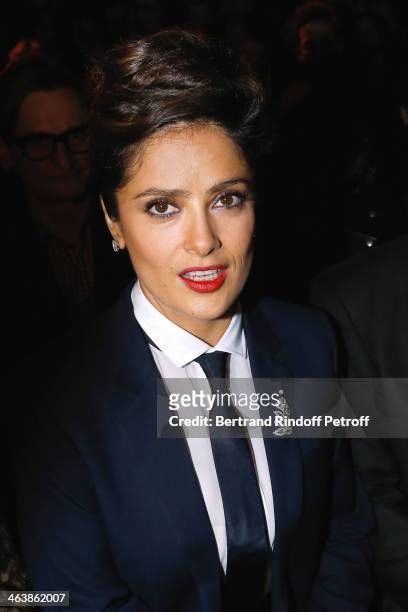 Actress Salma Hayek attends the Saint Laurent Menswear Fall/Winter 2014-2015 Show as part of Paris Fashion Week on January 19, 2014 in Paris, France.