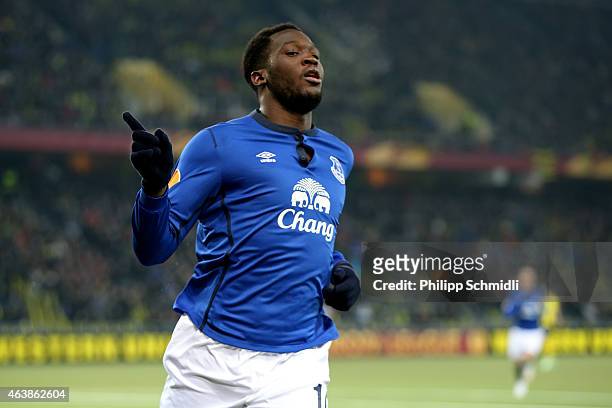 Romelu Lukaku of Everton FC celebrates his third scored goal during the UEFA Europa League Round of 32 match between BSC Young Boys and Everton FC at...