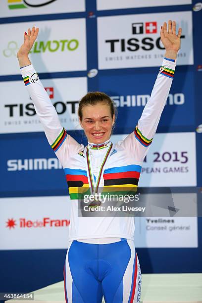 Gold medallist Anastasia Voynova of Russia celebrates following her victory in the Women's 500m Time Trial Final during day two of the UCI Track...