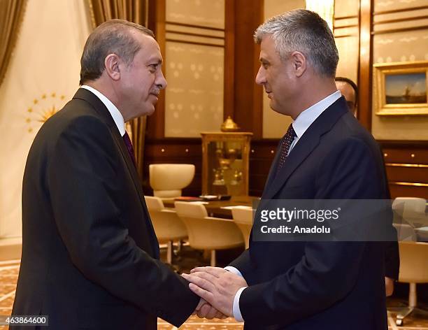 Turkish President Recep Tayyip Erdogan receives Kosovo's Foreign Minister Hashim Thaci at Turkish Presidency Palace in Ankara, Turkey on February 19,...