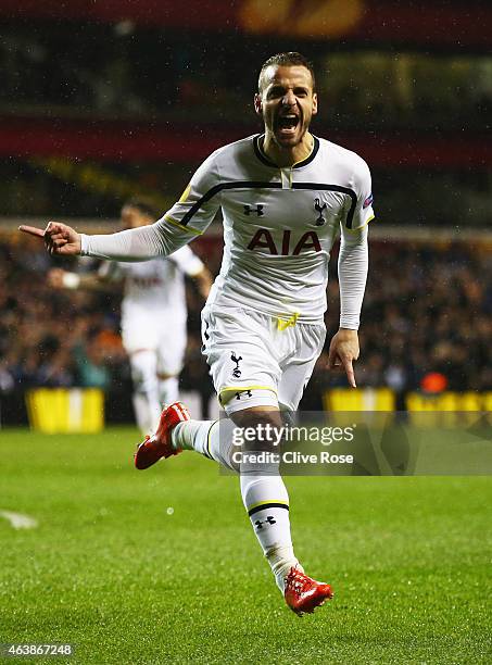 Roberto Soldado of Spurs celebrates as he scores their first goal during the UEFA Europa League Round of 32 first leg match between Tottenham Hotspur...