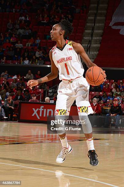 Laurin Mincy of the Maryland Terrapins handles the ball against the Nebraska Cornhuskers at the Xfinity Center on February 08, 2015 in College Park,...