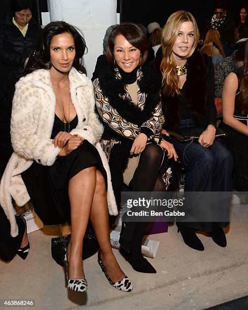 Padma Lakshmi, Alina Cho and Mary Alice Stephenson attend the J. Mendel fashion show during Mercedes-Benz Fashion Week Fall 2015 on February 19, 2015...