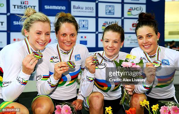 The Australia team of Annette Edmondson, Ashlee Ankudinoff, Amy Cure and Melissa Hoskins celebrate with the gold medals won in the Women's Team...