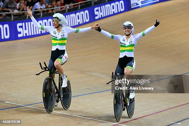 Annette Edmondson and Amy Cure of Australia celebrate winning the gold in the Women's Team Pursuit Final during day two of the UCI Track Cycling...