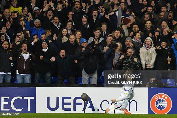 Tottenham Hotspur's Spanish striker Roberto Soldado celebrates in front of the home fans after scoring the opening goal during the UEFA Europa League...