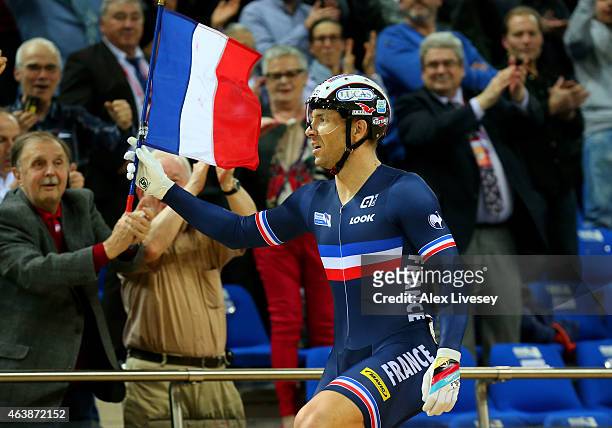 Francois Pervis of France celebrates winning the gold in Men's Keirin Final during day two of the UCI Track Cycling World Championships at the...