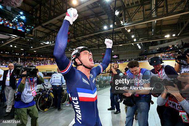 Francois Pervis of France celebrates winning the gold in Men's Keirin Final during day two of the UCI Track Cycling World Championships at the...