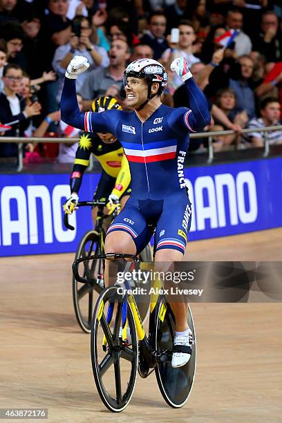 Francois Pervis of France celebrates winning the gold in Men's Keirin Final during day two of the UCI Track Cycling World Championships at the...