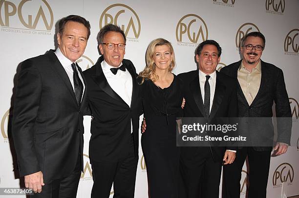 Actor/producer Bryan Cranston and producers Mark Johnson, Michelle MacLaren, Stewart Lyons, and Vince Gilligan attend the 25th annual Producers Guild...