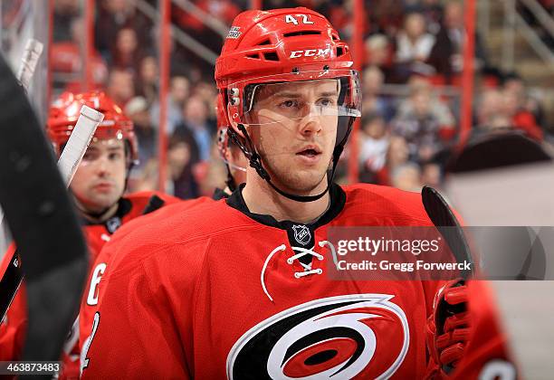 Bret Sutter of the Carolina Hurricanes prepares to take the ice after a time out during their NHL game against the Nashville Predators at PNC Arena...