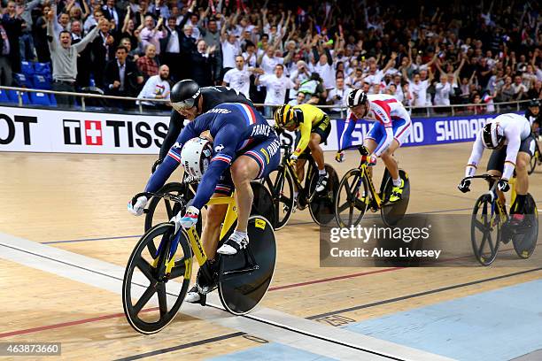 Francois Pervis of France wins the gold in Men's Keirin Final during day two of the UCI Track Cycling World Championships at the National Velodrome...