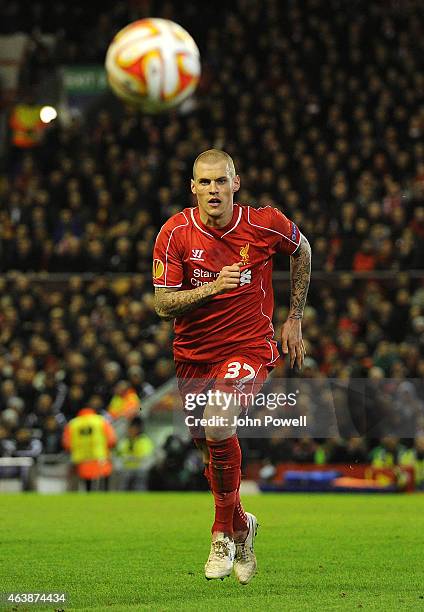 Martin Skrtel of Liverpool in action during the UEFA Europa League Round of 32 match between Liverpool FC and Besiktas JK on February 19, 2015 in...