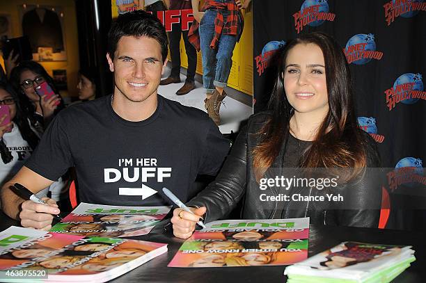 Robbie Amell and Mae Whitman attend The Cast Of "The Duff" Visit Planet Hollywood Times Square at Planet Hollywood Times Square on February 19, 2015...