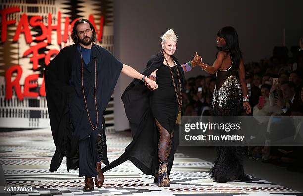 Andreas Kronthaler, Dame Vivienne Westwood and Naomi Campbell walk the runway at the Fashion For Relief charity fashion show to kick off London...