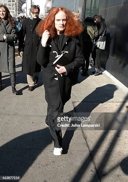 Vogue creative director Grace Coddington is seen outside the Calvin Klein Collection during Mercedes-Benz Fashion Week Fall 2015 at Spring Studios on...