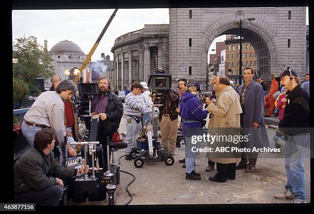 You Bet Your Life" - Airdate: December 6, 1994. PRODUCTION SHOT OF DENNIS FRANZ AND JIMMY SMITS WITH CREW