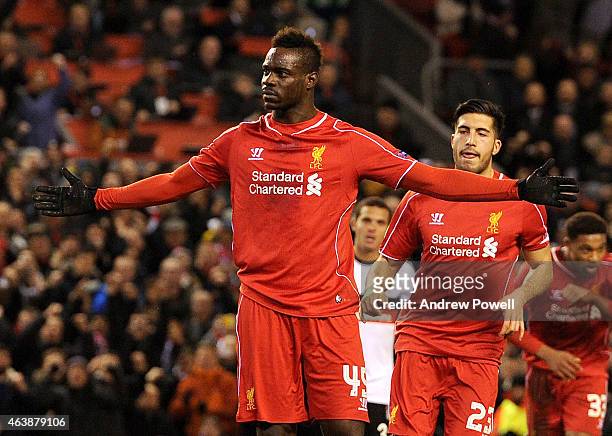 Mario Balotelli of Liverpool celebrates his goal with Emre Can during the UEFA Europa League Round of 32 match between Liverpool FC and Besiktas JK...
