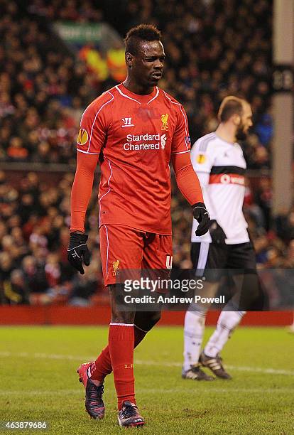 Mario Balotelli of Liverpool celebrates his goal during the UEFA Europa League Round of 32 match between Liverpool FC and Besiktas JK on February 19,...