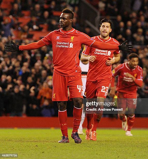 Mario Balotelli of Liverpool celebrates his goal during the UEFA Europa League Round of 32 match between Liverpool FC and Besiktas JK on February 19,...