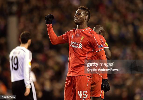 Mario Balotelli of Liverpool celebrates his goal during the UEFA Europa League Round of 32 match between Liverpool FC and Besiktas JK on February 19,...