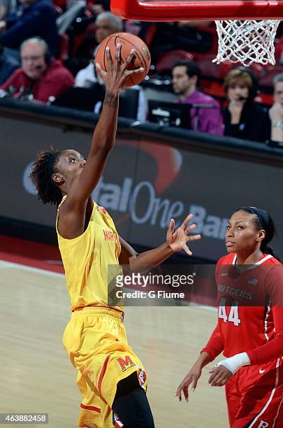 Laurin Mincy of the Maryland Terrapins drives to the hoop against the Rutgers Scarlet Knights at the Xfinity Center on February 10, 2015 in College...