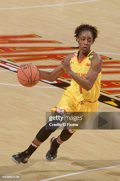 Laurin Mincy of the Maryland Terrapins handles the ball against the Rutgers Scarlet Knights at the Xfinity Center on February 10, 2015 in College...