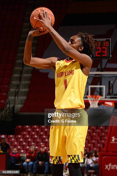 Laurin Mincy of the Maryland Terrapins shoots the ball against the Rutgers Scarlet Knights at the Xfinity Center on February 10, 2015 in College...