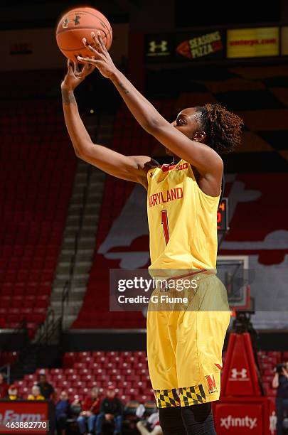 Laurin Mincy of the Maryland Terrapins shoots the ball against the Rutgers Scarlet Knights at the Xfinity Center on February 10, 2015 in College...