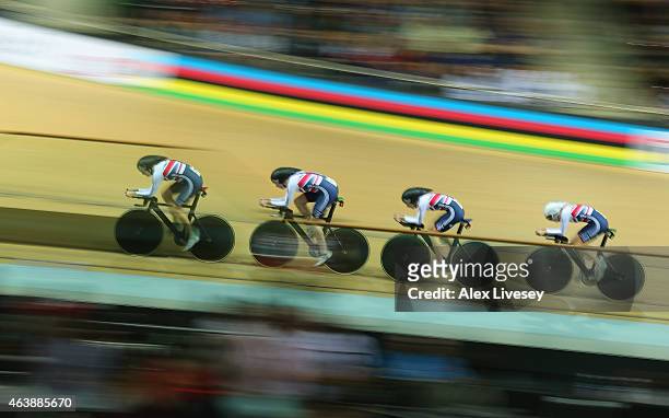 Katie Archibald, Laura Trott, Elinor Barker and Joanna Rowsell of Great Britain Cycling Team compete in the Women's Team Pursuit First Round during...