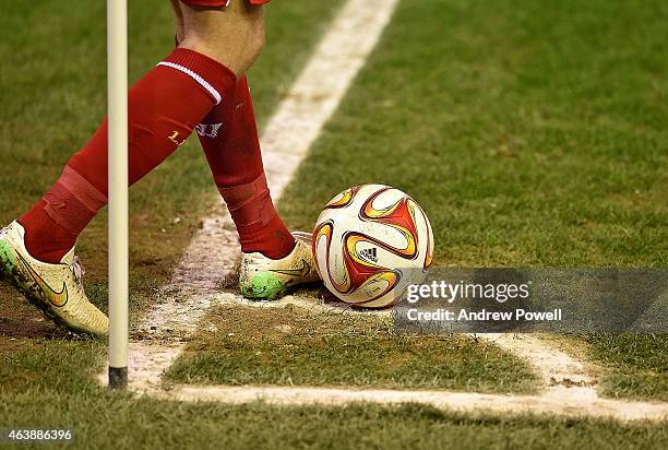 Jordan Henderson of Liverpool prepares to take a corner during the UEFA Europa League Round of 32 match between Liverpool FC and Besiktas JK on...