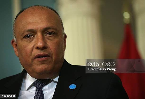 Egyptian Foreign Minister Sameh Shoukry speaks to members of the media prior to a meeting with U.S. Secretary of State John Kerry February 19, 2015...