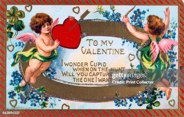 'To My Valentine', American Valentine card, c1908. Cupid shoots an arrow into a heart held up by a putto. The words are surrounded by garlands of...