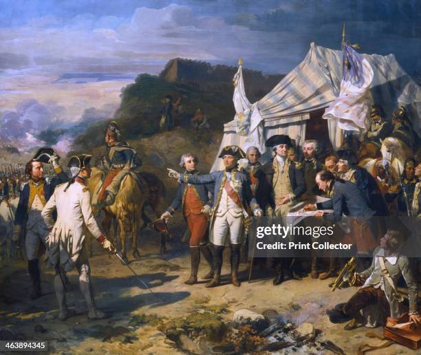 'Siege of Yorktown', 1781 . French General Jean de Rochambeau and American General George Washington giving the last orders for the attack, October...