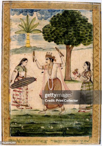 Megha Raga , 19th century. Krishna dances to the playing of a young woman to call down the rain. Miniature from the Album of Ragamala.