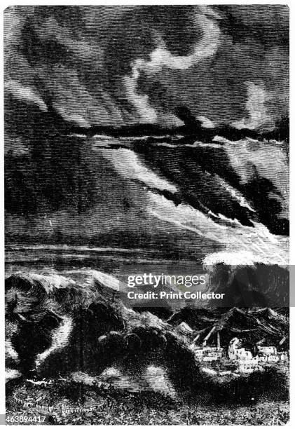 Illustration from De la Terre a la Lune by Jules Verne, 1865. Tidal wave caused by the launch of the space capsule 'Columbiad'. From De la Terre a la...