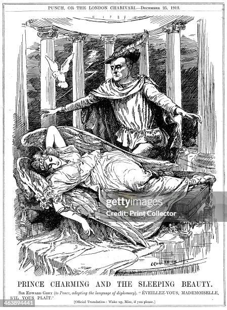 'Prince Charming and the Sleeping Beauty', 1912. Prince Charming, representing Sir Edward Grey British Foreign Secretary 1905-1916 prepares to wake...