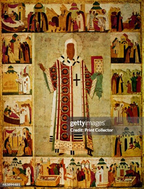 Metropolitan Alexius surrounded by scenes from his life, Russian, 1480. Alexius became Metroloitan of Kiev and all Russia in 1354. He established the...