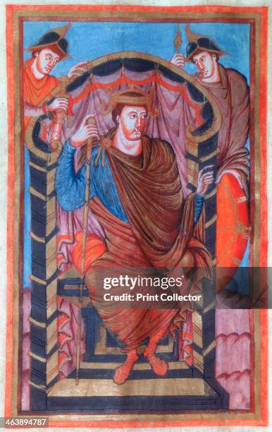 Lothair I, Frankish Emperor, 9th century. Lothair seated on a throne and wearing a crown flanked by two guards. When the Emperor Louis the Pious, son...