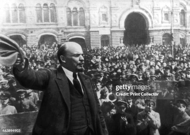 Russian communist revolutionary leader, Vladimir Lenin , giving a speech to Vsevobuch servicemen on the first anniversary of the foundation of the...