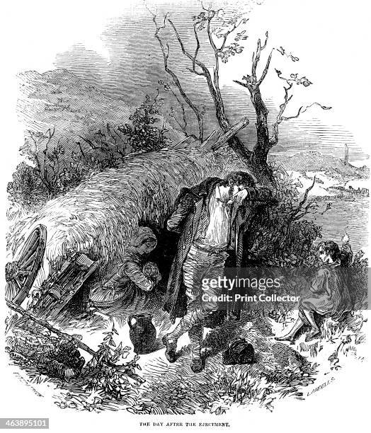 Evicted Irish peasant family, 1848. Irish peasant family unable to pay rent because of failure of potato crop due to blight, finding shelter in a...