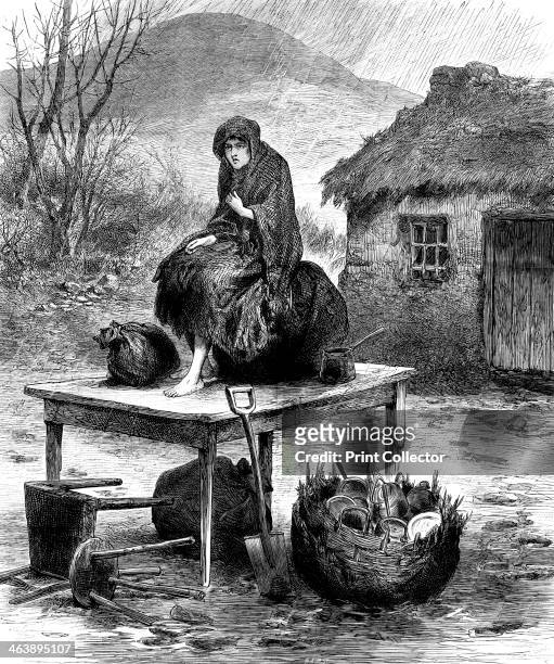 Irish peasant girl guarding the family's last few possessions after eviction for non-payment of rent. From The Illustrated London News, April 1886....