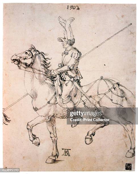 'Cavalier with Lance', 1502. Study of a cavalier with lance on horseback. From the Museum of Fine Arts, Budapest.
