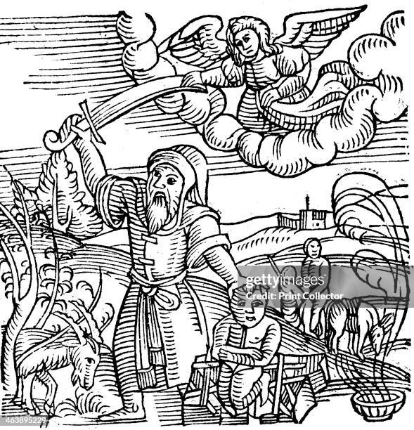 Isaac being saved from sacrifice, 1557. Isaac being saved from being sacrificed to God by his father Abraham by the appearance of a ram caught in a...