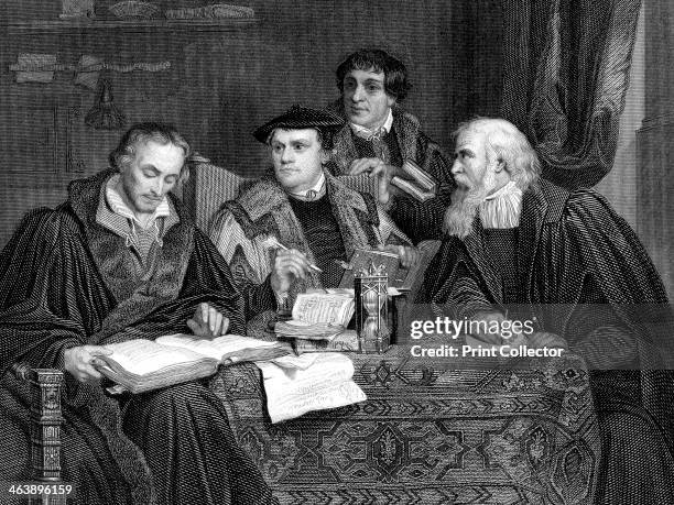 Protestant theologians working on Luther's translation of the Bible. Left to Right: Philip Melancthon , Martin Luther , Pomeranus and Cruciger .