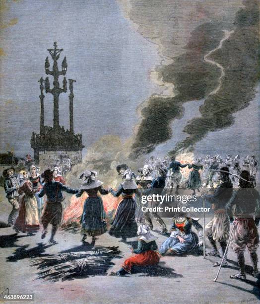 Bonfires lit to celebrate the summer solstice in Brittany, 1893. A print from the Le Petit Journal, 1st July 1893.